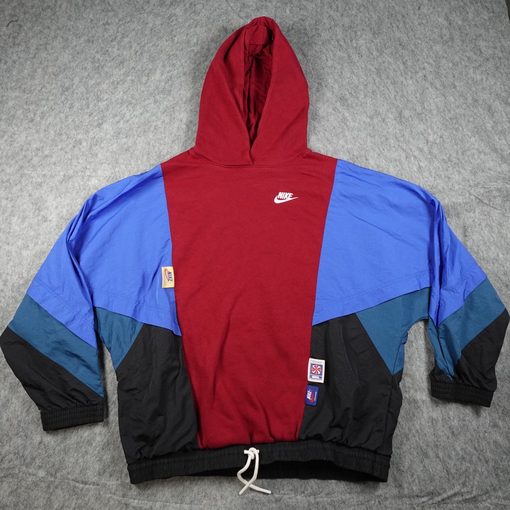 Nike Hoodie Womens Small Red Blue Colorblock Icon Clash Pullover Retro Burgundy